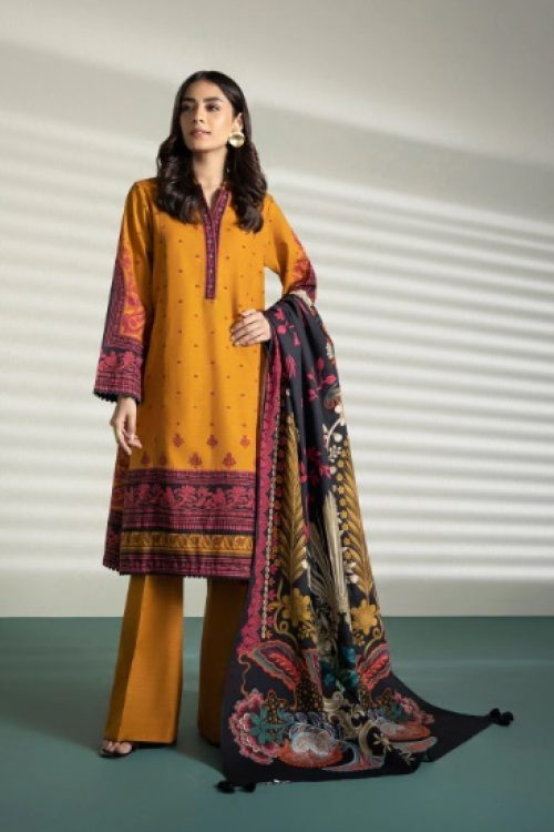 3 Piece – Printed Stitched Dark Mustard Khaddar Suit